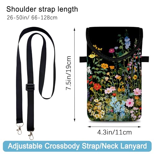 Image of Neoprene Cell Phone Sleeve Pouch Case Bag with Crossbody Strap Neck Lanyard for Women 7.5 X 4.3 in Flowers Plants