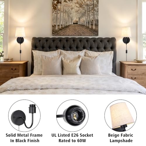 Image of LASENCHOO Plug in Wall Sconces Set of Two, Black Bedside Wall Lamps Lights | Vintage Wall Lights for Bedroom Living Room Hallway Entryway Porch, Plug in Cord 6.56ft, On /Off Switch, Fabric Lampshade, E26