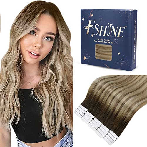 Fshine Tape in Hair Extensions Human Hair,18 Inch 20 pcs 50 g,Straight Natural Tape in Hair Extenisons,Color 3 8 22 Highlight Medium Blonde,Lightweight Comfortable Fit for women