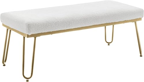 Miniatura 6 de Alunaune Banco de cama de piel de peluche blanco para dormitorio, banco otomano, banco de entrada moderno tapizado, taburete decorativo esponjoso