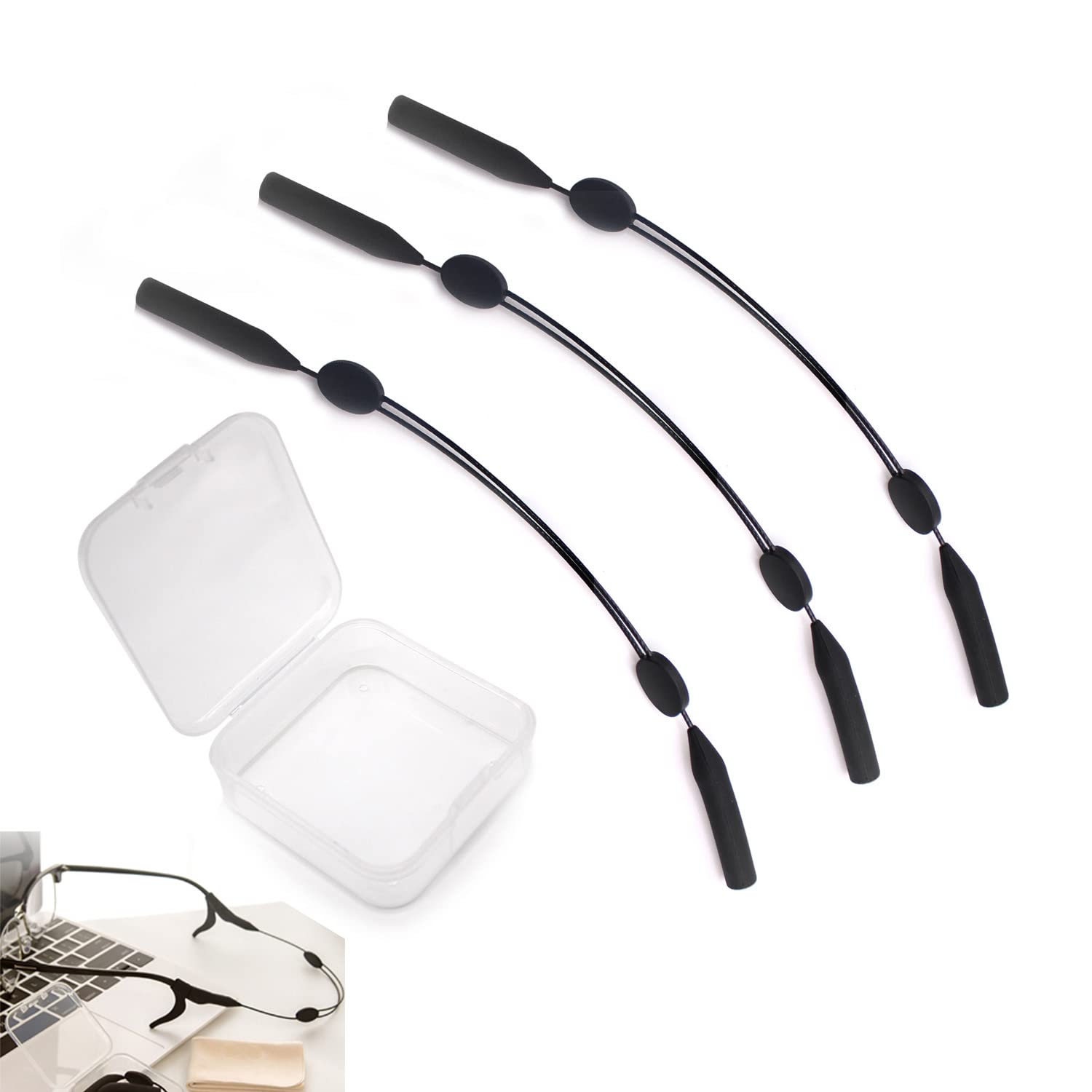WJUAN3 Piezas de Correa ajustable para gafas de sol, Cordón para Gafas, Soporte para Correa de Anteojos Negro, Retenedor de Anteojos Extremadamente Confiable para Mujeres, Hombres y Niños