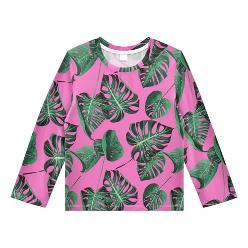 Monstera Leaf Pink Boy's Rash Guard Swim Shirt Long Sleeve Sun Shirt for Running Swiming Pool UPF50+ 4T