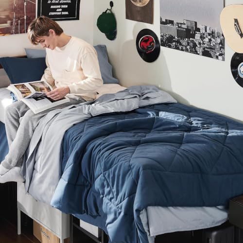 Image of Bedsure Twin Comforter Set - 5 Pieces Reversible Navy Bedding, Twin Size Bed Set for All Seasons, Bed in a Bag with Down Alternative Comforter, Sheets, Pillowcase & Sham