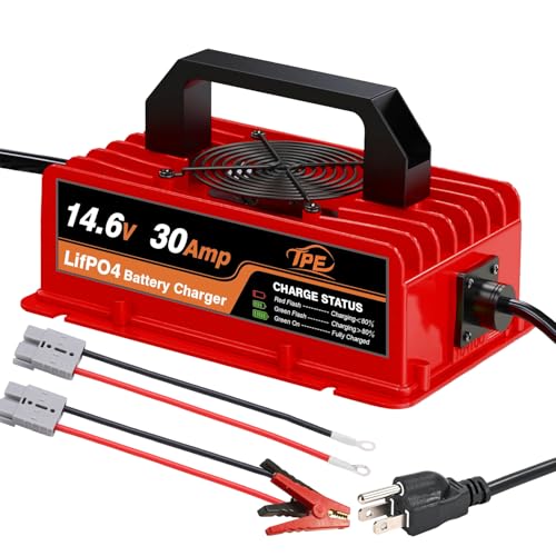 TPE 14.6V 30Amp LiFePO4 Battery Charger 12V 30A Compatible with 12.8V LiFePO4 Batteries for 12 Volt Automotive Trailer RV SUV Boats Batteries
