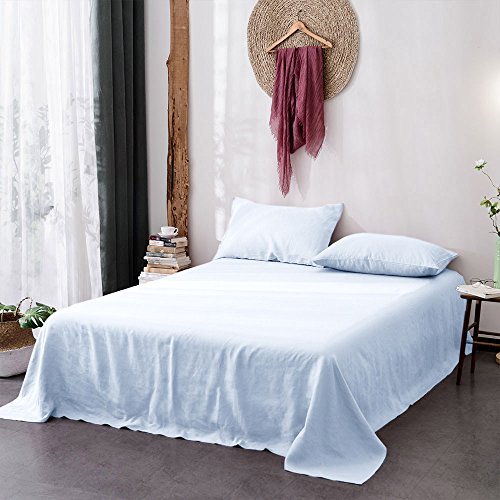 Lausonhouse Linen Bedding Sheet Set,100% French Linen Sheet Set,Deep Pocket,4 Pieces- Queen- Light Blue - Thumbnail 7