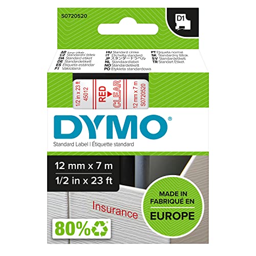Dymo D1 Standard Labelling Tape 12mm x 7m - Red on Transparent