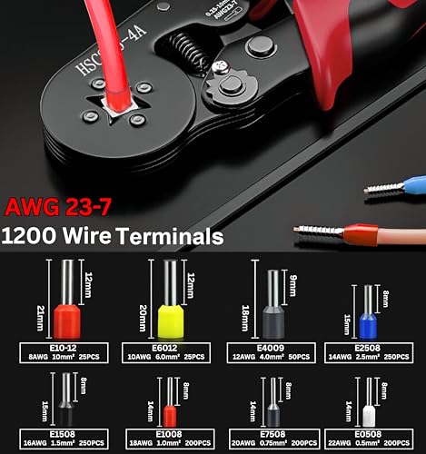 Image of G-ENERGY 1200PCS Wire Ferrule Crimping Tool Kit with HSC8 6-4A Self-Adjusting Ratchet Crimper | AWG 23-7 (0.25-10mm) Insulated Copper Bootlace Ferrule Connectors for Electrical Wiring & Control Panel