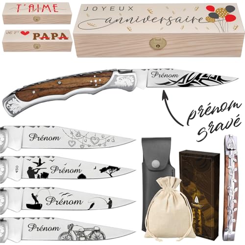 Gravure Events - Couteau de Marque Laguiole Bougna personnalisé avec prénom gravé - Cadeau pour homme : fête des pères, papa, tonton, grands pères (papi,...