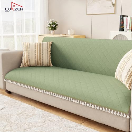 Image of Lukzer Quilted Sofa Cover Mat with Tassels for 3 Seater Sofa - Mint Green | Soft Washable Anti-Slip Protector for Living Room | Furniture Cover for Back-Seat Slipcover 180X150CM / SC-199-3T