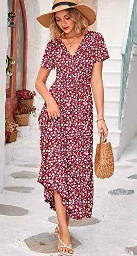 Image of WNEEDU Women's Summer Maxi Dress Short Sleeves Wrap V Neck Long Dresses with Pockets