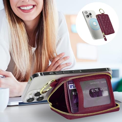 Image of Compatible with MagSafe Wallet,Magnetic Phone Wallet Card Holder for iPhone 17 /16 Pro Max /15 Pro /14 Plus /13 /12 Series,PU Leather Zipper Pocket Adjustable Stand-Rose red