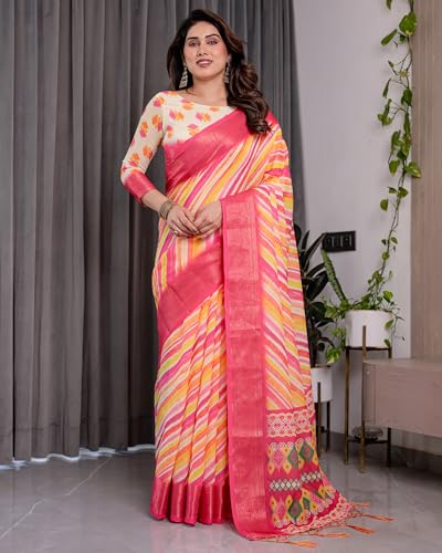 Image of ALMAARI FASHION Handloom Cotton Linen Saree for Women with Floral Printed Design and Tassel Pallu, Traditional Ethnic Lightweight Saree for Daily Office Festive with Blouse Piece