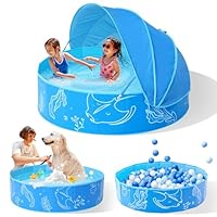Hikiddy Foldable Kiddie Pool with Canopy: 47in Baby Pool and Beach Tent for Toddlers Infants 6-12 Months and Kids 2-4 Years Old - Portable Water Play with Shade for Outdoor Backyard Beach (Blue-Blue)