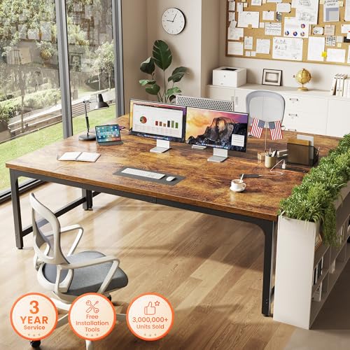 Image of Huuger 71 x 31.5 Inch Desk with Power Outlets & USB-C, 0.95 Inch Thicker Desktop, Robust Metal Tubes, Deep Computer Desk, Heavy Duty Office Desk, Work Desk for Home Office, Rustic Brown