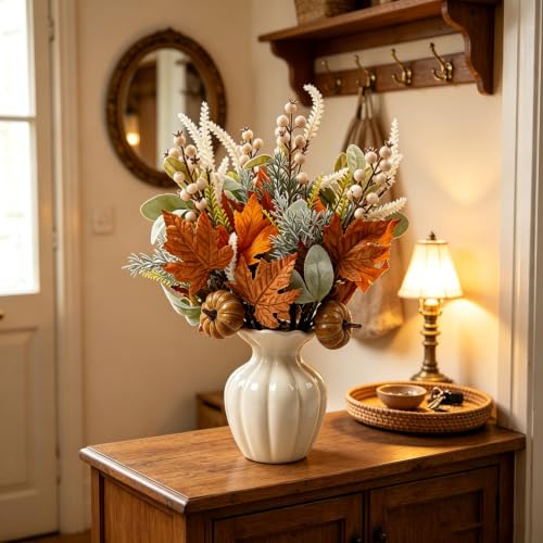 Image of 16 Inch 6Pcs Fall Picks Pumpkin Maple Leaf for Table Centerpiece | Artificial Fall Stems with Lamb's Ear Thanksgiving Centerpieces, Vase Filler, Floral Arrangements & Autumn Home Decor