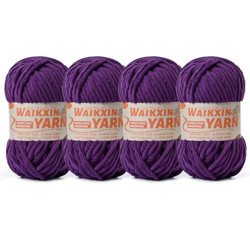 Image of (4 Deep Purple) 4 Pack Super Soft Fuzzy Chenille Chunky Yarn for Crocheting, 400g (350yds) Velvet Fluffy Amigurumi Yarn for Hand Knitting Baby Blankets Weaving Craft