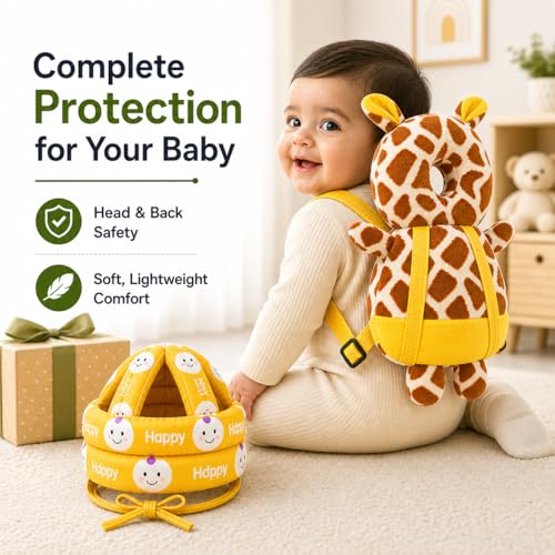 Image of GLUN Baby Back Protector with Head Protective Hat Combo Set, Cute Giraffe Shape Soft Cushioning, Adjustable Shoulder Belt, Head Protection Gear for 6-18 Month Toddler Kids