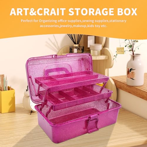 Image of 12.2inch 3-Layer Art & Craft Tool Storage Box, Beautiful Sewing Supplies Organizer, Plastic Portable Fishing Tackle Boxes, for Art Supply, Makeup, Hair Accessories,Painting Tools Container (Hot Pink)