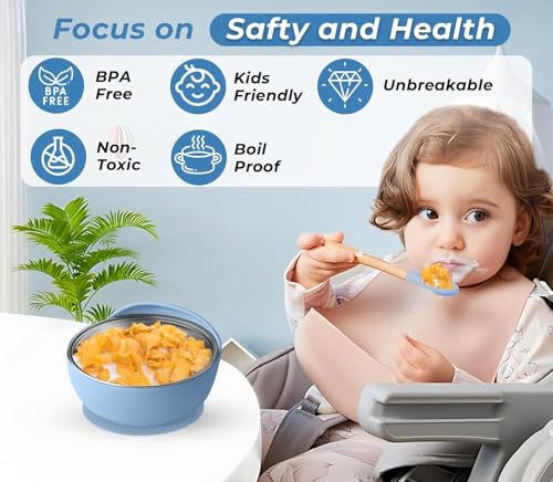 Image of NYALA Stainless Steel Toddler Plates Silicone Suction, Non-Slip Baby Plates BPA Free,Unbreakable Dishwasher Safe (Blue, Plate + Bowl)