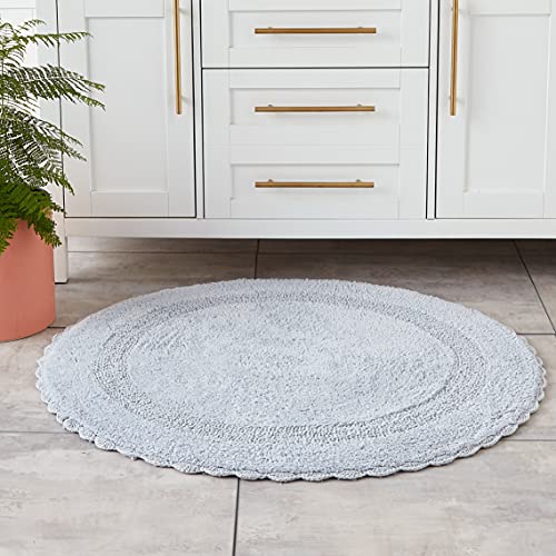 Saffron Fabs Bath Rug Cotton 36 In Round, Reversible-Different Pattern On Both Sides, Silver Gray, Hand Knitted Crochet Lace Border, Machine Washable #TOP5