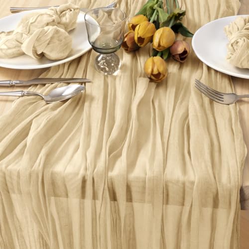 Image of MLMC Champagne Cheesecloth Table Runner 10ft Sand Rustic Gauze Cheese Cloth Table Runner 35x120 Inches for Farmhouse Cozy Holiday Outdoor Events Home Decor