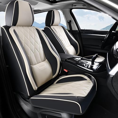 Image of FLORICH Car Seat Covers Front and Rear Seat Cover for Car Luxury Faux Leather Automotive Seat Covers Full Set Universal Car Seat Protector 5 Seats Fit for Most Cars Sedans Trucks SUV, Black&Beige