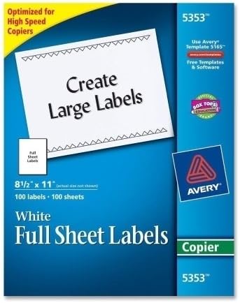 Copier Mailing Labels, Copiers, 8.5 x 11, White, 100/Box