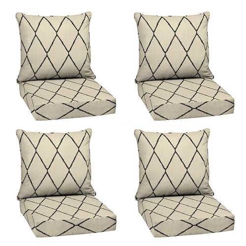 Image of Arden Deep Seat Outdoor Chair Cushion Set (4-Pack), 24 in x 24 in, Weather-Proof, Rain-Proof, Fade Resistant Patio Cushion Set for Chair, Sofa, and Couch Tan Diamond Trellis