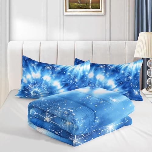 Image of AILONEN Light Blue Tie Dye Bedding Set Full Size for Kids Teens Adults,Galaxy Starry Comforter + 2 Pillowcases,3Pcs Tie-Dye Spiral Quilt Set for All Season