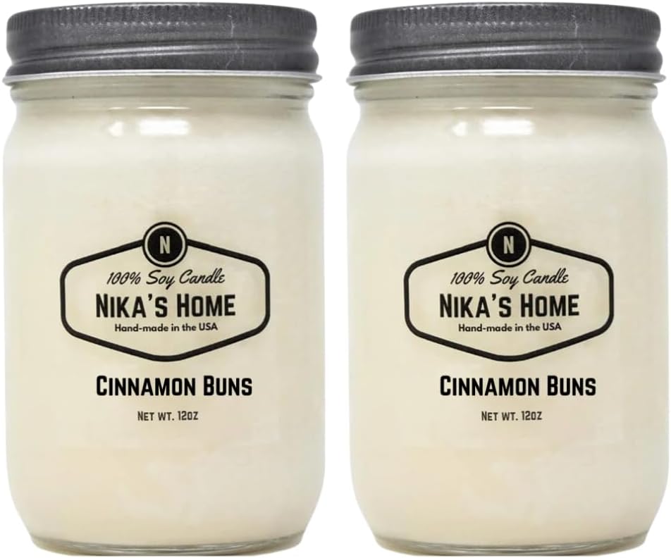 Nika's HomeCinnamon Buns 12oz Mason Jar Soy Candles - 2 Pack - Hand Poured Handmade, Long Burning 50-60 Hours Highly Scented All Natural, Clean Burning Large Candle Gift Home Décor