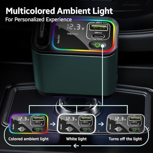 Image of AMPERE 90W Retractable Car Charger - 4 in 1 Fast Car Charger with USB-C & Lightning Cables & Dual USB Ports (Type-C PD & USB-A), LED Indicator, Compatible with iPhone & Type-C Android Smartphones