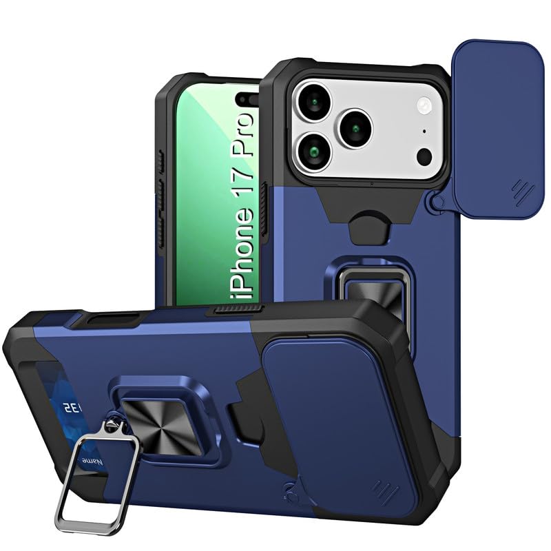 Image of LuxuryKase Shockproof Armor Case for iPhone 17 Pro | Slide Camera Cover | Hidden Card Slot | Rotating Ring Kickstand | Magnetic Car Mount Support | Military Grade Protection - Blue