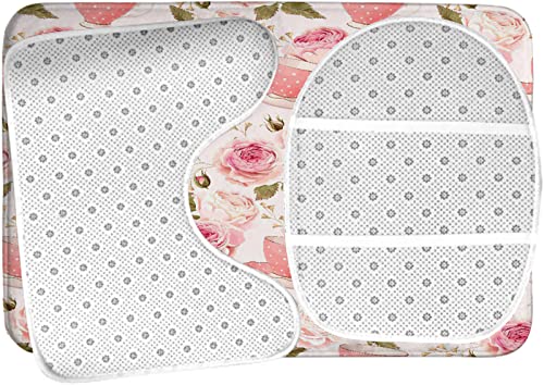 Badezimmerteppich-Set, 3-teilig, Vintage-Stil, Teetassen mit Rosen, Romantisches Shabby-Chic-Design, waschbare Badteppiche, rutschfest, mit Rückenpolster, Konturteppich und Toilettendeckelbezug – Bild 6