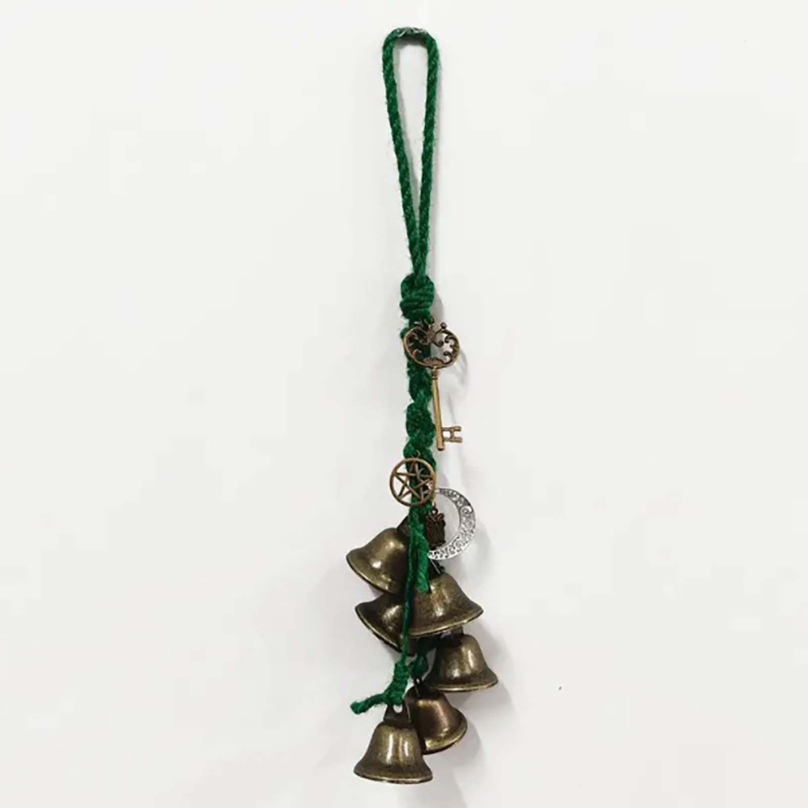 Vintage-Style Wind Chime Set With 6 Antique Bronze Metal Bells And Green Braided Hanging Rope - Layered Design Produces Crisp Clear Sounds For Outdoor Garden Balcony Porch Door Window Decoration