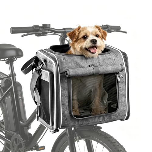 Panier de vélo pour chien avant 4 en 1, sac à dos extensible pour chien, panier de vélo pour chien, gris, sac de voyage pliable avec 4 fenêtres en maille et 4 portes ouvertes, panier de vélo pour