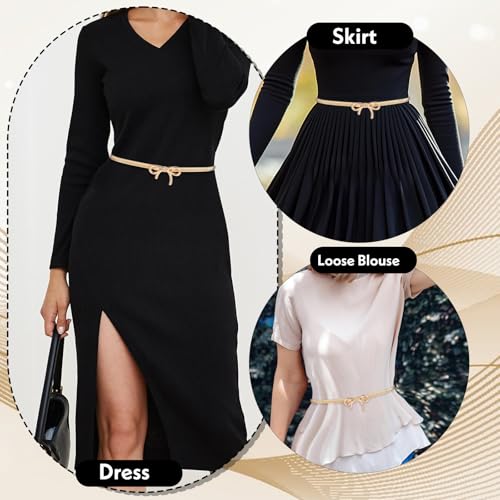 Skinny Gold Bow Belt, Stretchy Metal Chain Belt Adjustable Waist Belts for Women Girls Dresses Jeans Formal Casual Attire3