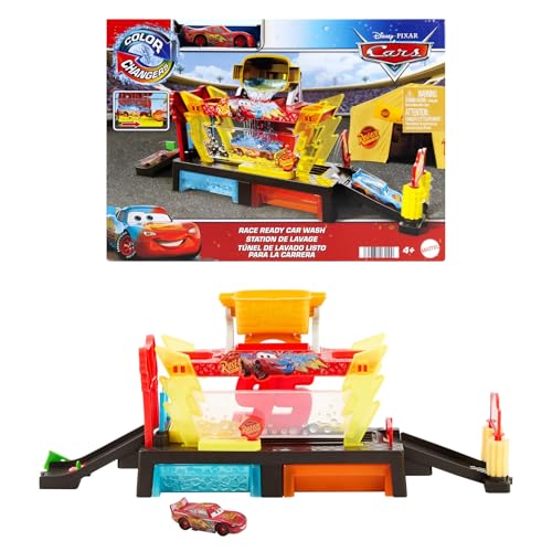 Mattel Disney Pixar Cars túnel de lavagem com mudança de cor conjunto de jogo com veículo de brinquedo Raio McQueen com mudança de cor, 50,8 cm, conecta-se com outros conjuntos, JBM70