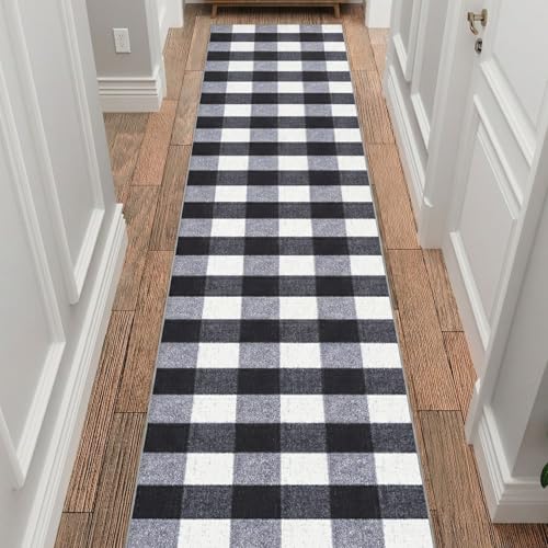 Ottomanson Buffalo Plaid 3x8 Hallway Runner Rug, Rubber Backed Kitchen Rugs