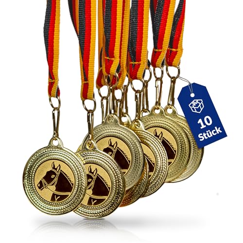 Pokal-Fabrik.de - Pferde-Medaillen 10er Set Metall - Pferdemedaille golden zum Umhängen für Siegerehrungen - Medaillen Kinder mit Deutschlandband & Emblem für Vereine & Turniere