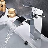 ROVATE Bathroom Sink Faucet, Brass Single Handle Single Hole Waterfall Mixe Faucet/Tap Deck Mounted on Sink, Polished Chrome