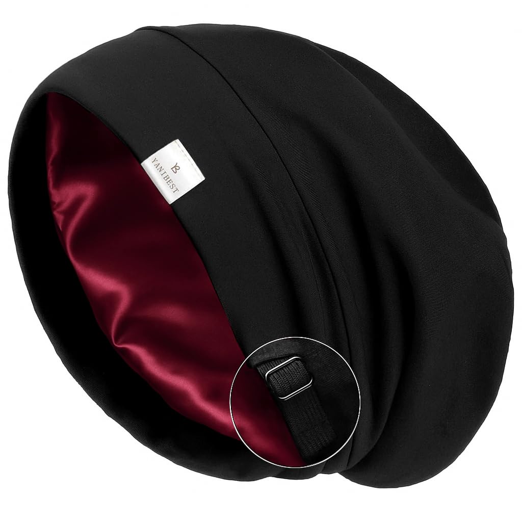 YANIBEST Silk Satin Bonnet Hair Wrap for Sleeping, Adjustable Slouchy Beanie for Women, Silk Lined for Curly Hair and Braids, Black-Wine