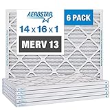 Aerostar 14x16x1 MERV 13 Pleated Air Filter, AC Furnace Air Filter, 6 Pack (Actual Size: 13 7/8' x 15 7/8' x 3/4')