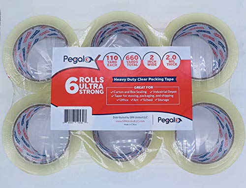 Tape Heavy Packing PEGALO 6 Rolls Total 660 Yards 110 Yard Per Roll Clear 2” Wide 2.0 mil Thick, Ultra Strong Carton and Boxes Sealing for Moving Packaging Shipping, Office Art & Storage Cinta