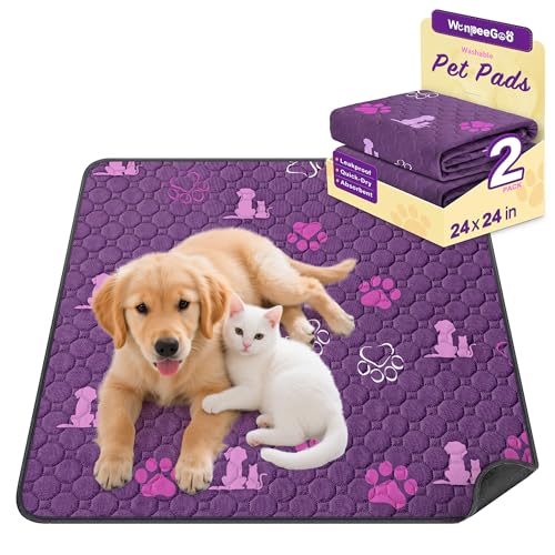 Image of WanpeeGoo Washable Pee Pads for Dogs, Waterproof, 24 x 24 in, 2 Pack, Purp | Super Absorbent, Waterproof and Non-Slip; Washable, Reusable Dog Pads for Crates, Playpens, Floors, Furniture and Travel