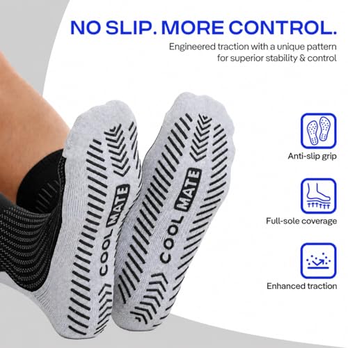 Image of CoolMate Mens Grip Socks, Non-Slip Mens Crew Socks for Hospital Elderly | Grip pads keep their hold wash after wash. Soft cotton-poly blend for pilates, yoga, barre, or post-surgery recovery at home.