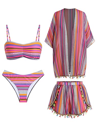 Image of ZAFUL Women 4pcs Ruched Striped Bikini Set High Cut Swimsuit with Sheer Fringed Cover Up Side Slit Shorts