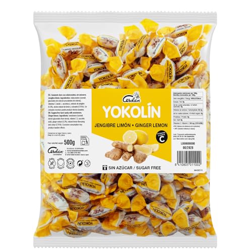 Caramelos Cerdán - Caramelo sin Azúcar Yokolín, Sabor Jengibre Limón con Vitamina C | Bolsa de 150 uds - 500grs | Caramelo Duro Sin Gluten ni Alérgenos, Ideal para Fiestas y Cumpleaños
