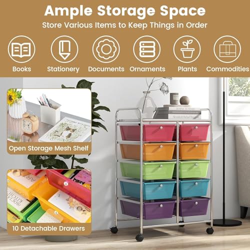 Image of LDAILY 10 Drawer Rolling Cart, Storage Cart Organizer on Wheels, Drawer Cart with Metal Frame & Large Storage Capacity, Rolling Cart with Drawers for Living Room Classroom, Office