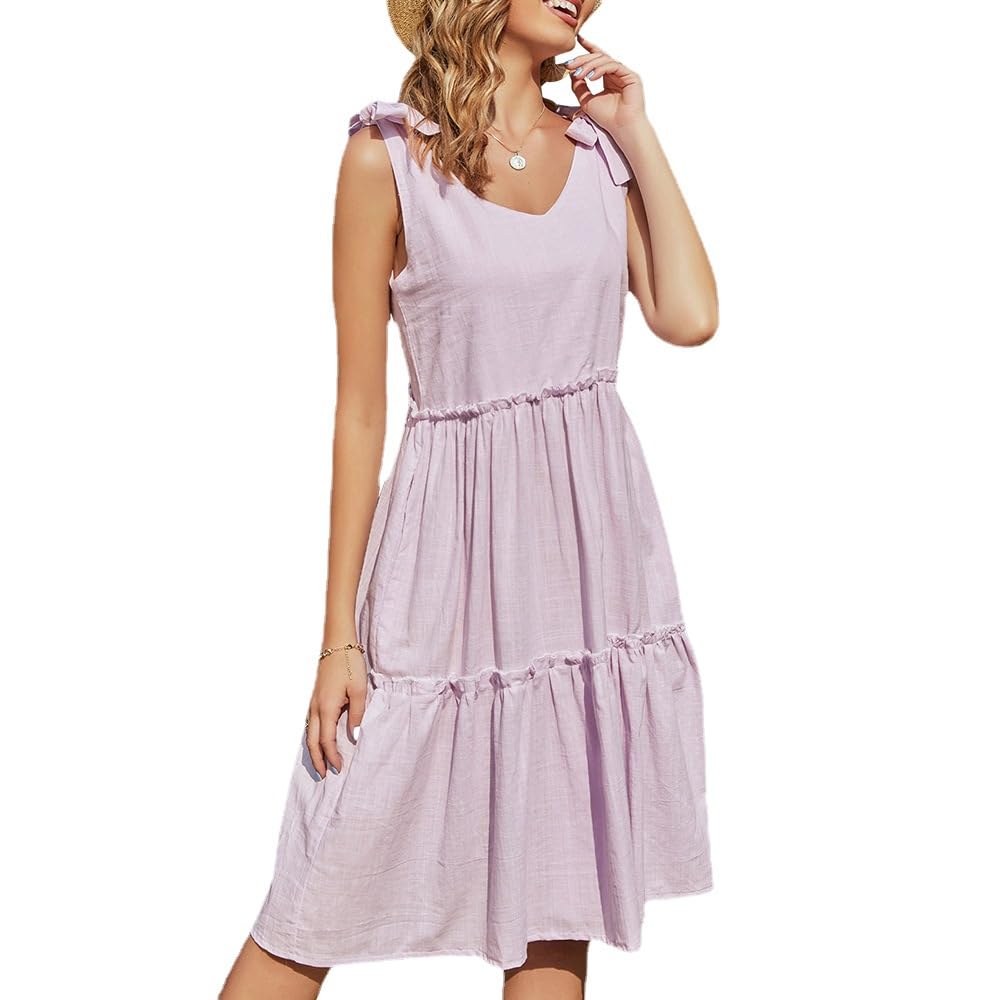 GenericWomen's Summer Casual Sleeveless V Neck Swing Dress Flowy Tiered Loose