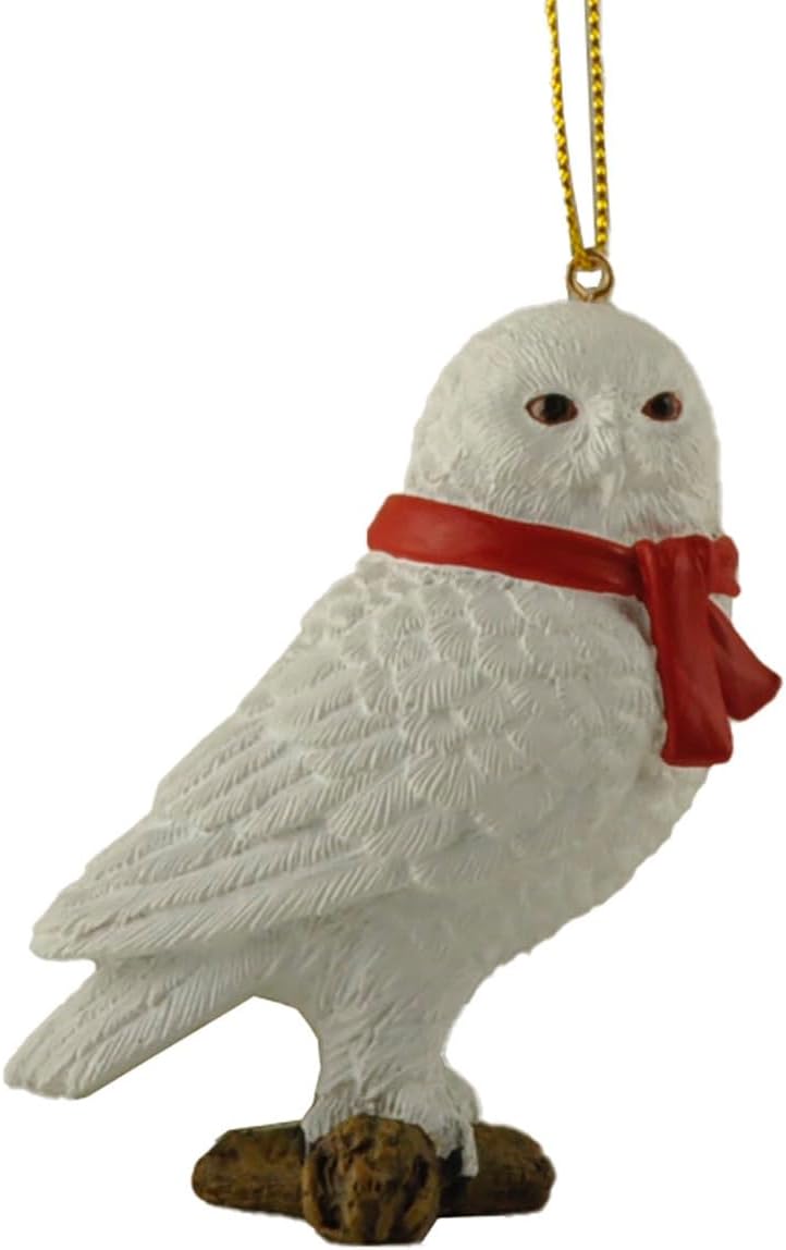 Snow Owl Perched on Branch Christmas Ornament Figurine Holiday